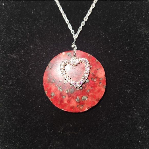 Repurposed Handcrafted Silver link chain with red stone and pink rhineston heart - Picture 7 of 9